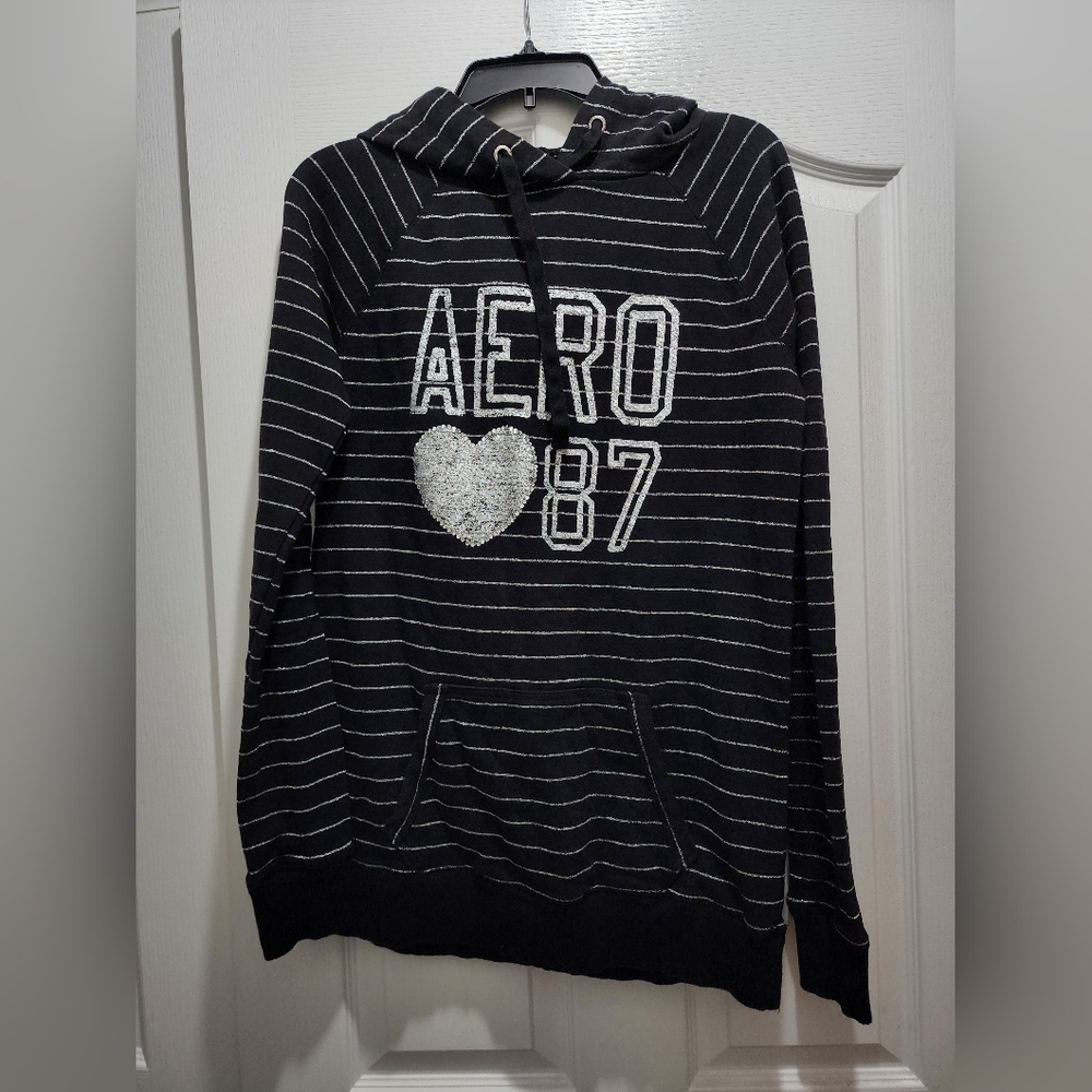 Aeropostale Black and White Striped Sweater with AERO Branding